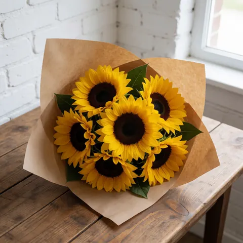 Un bouquet de tournesols frais enveloppé dans du papier kraft posé sur une table en bois rustique avec un mur de briques blanches en arrière-plan et une lumière naturelle.