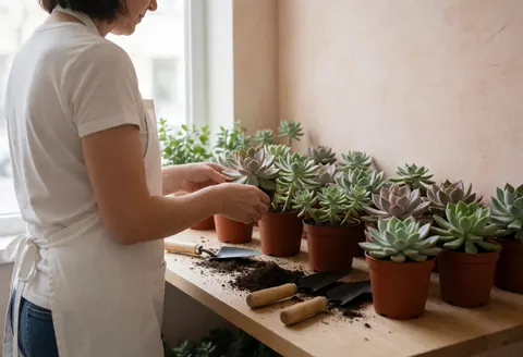 Un fleuriste en tenue blanche ajuste des succulentes dans des pots en terre cuite sur une table en bois, entouré d'outils et baigné de lumière naturelle.