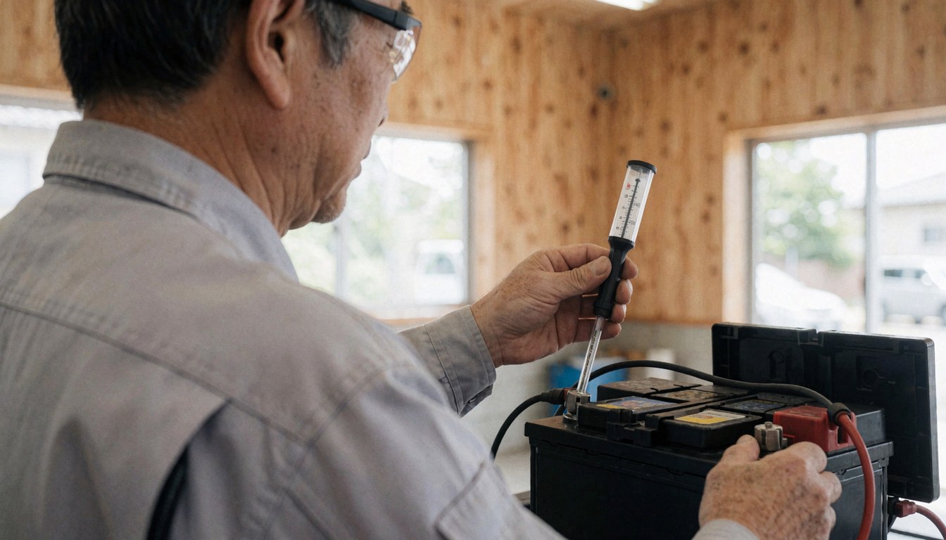 Un technicien professionnel utilise un hydromètre pour vérifier le niveau d'acide de la batterie d'une voiture dans un atelier aux murs en bois.