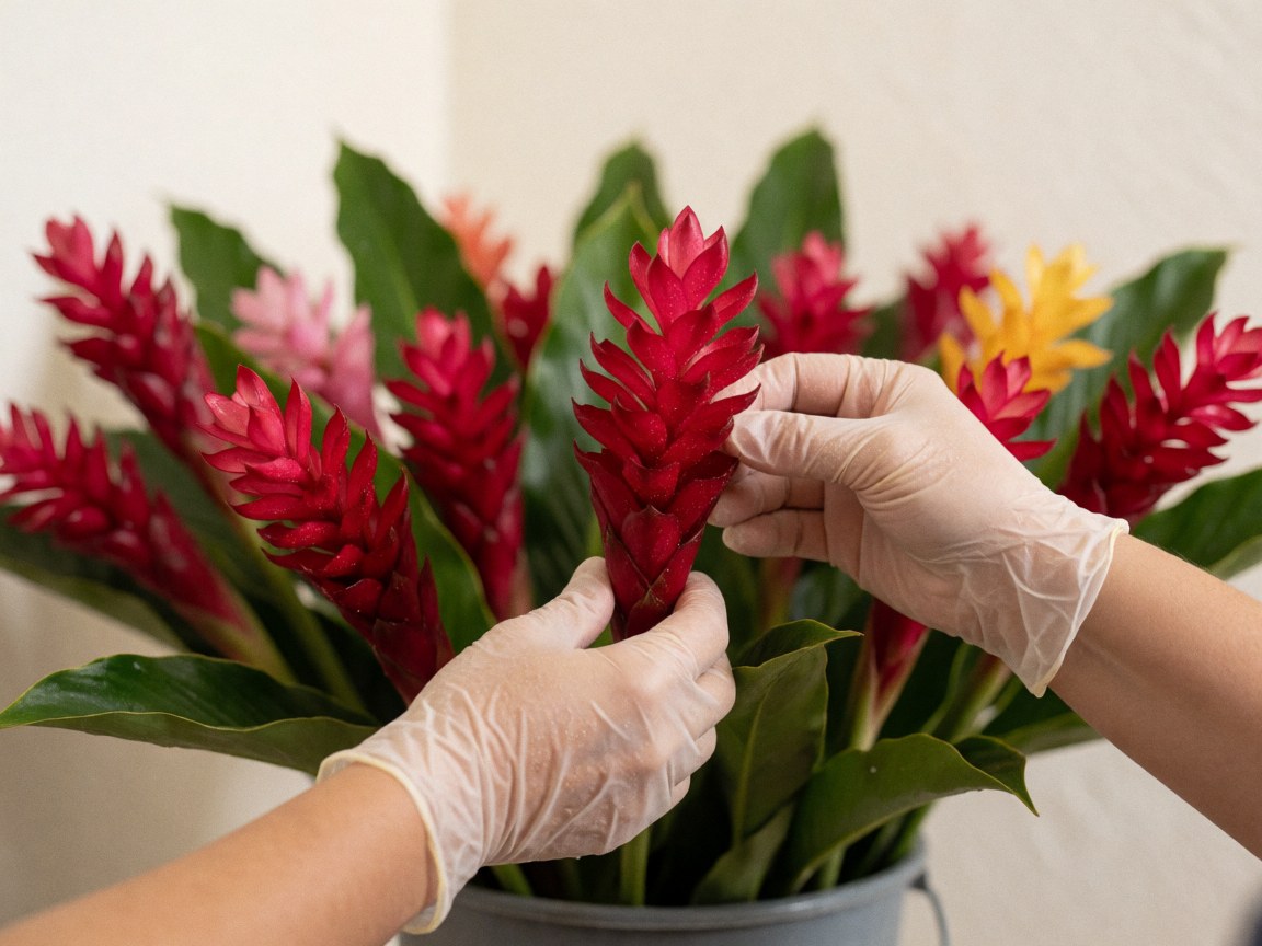Des mains portant des gants choisissent une fleur rouge parmi un seau rempli de fleurs tropicales, de feuilles vertes et d'eau, le tout éclairé par une lumière naturelle sur fond blanc.