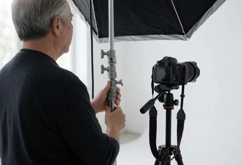 Un photographe ajuste un softbox noir dans un studio blanc. Une caméra reflex sur trépied est visible. Éclairage diffus et outils professionnels pour une ambiance de travail.
