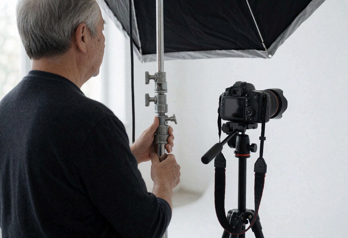 Un photographe ajuste un softbox noir dans un studio blanc. Une caméra reflex sur trépied est visible. Éclairage diffus et outils professionnels pour une ambiance de travail.