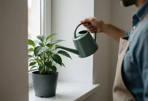 Une main tenant un arrosoir vert pour arroser une plante en pot posée sur un rebord de fenêtre baigné de lumière naturelle.