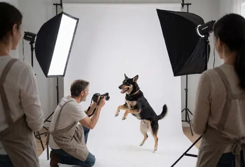 Photographe professionnel en studio avec deux softboxes, capturant un chien en saut devant fond blanc, deux personnes observent le processus