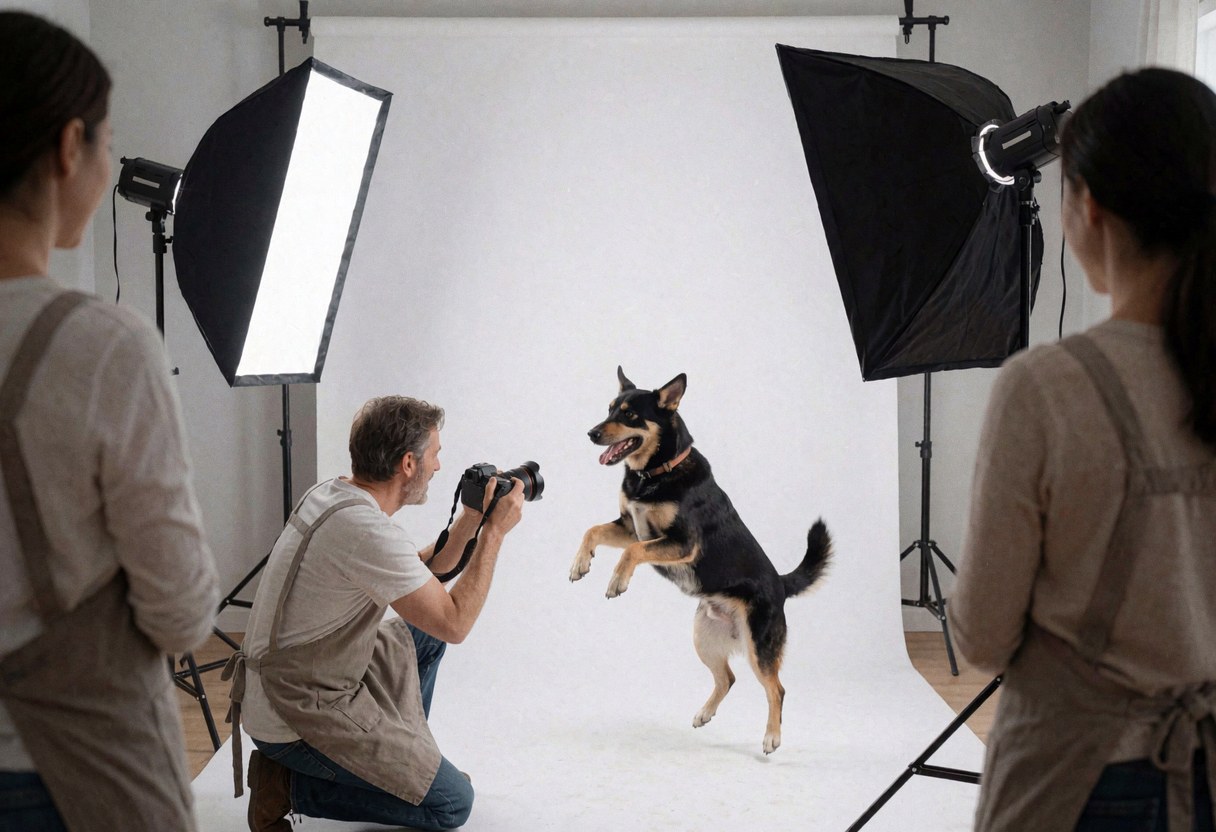 Photographe professionnel en studio avec deux softboxes, capturant un chien en saut devant fond blanc, deux personnes observent le processus