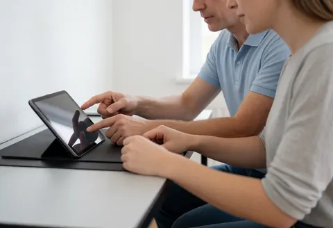 Deux personnes en cours d'espagnol utilisent une tablette. Mains et outil visibles dans un environnement réaliste et professionnel.