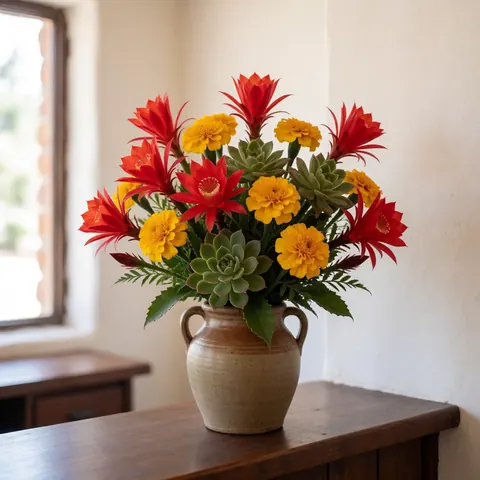 Bouquet de fleurs andines avec cactus rouges, souci jaune et succulentes vertes sur une table en bois baignée de lumière naturelle.