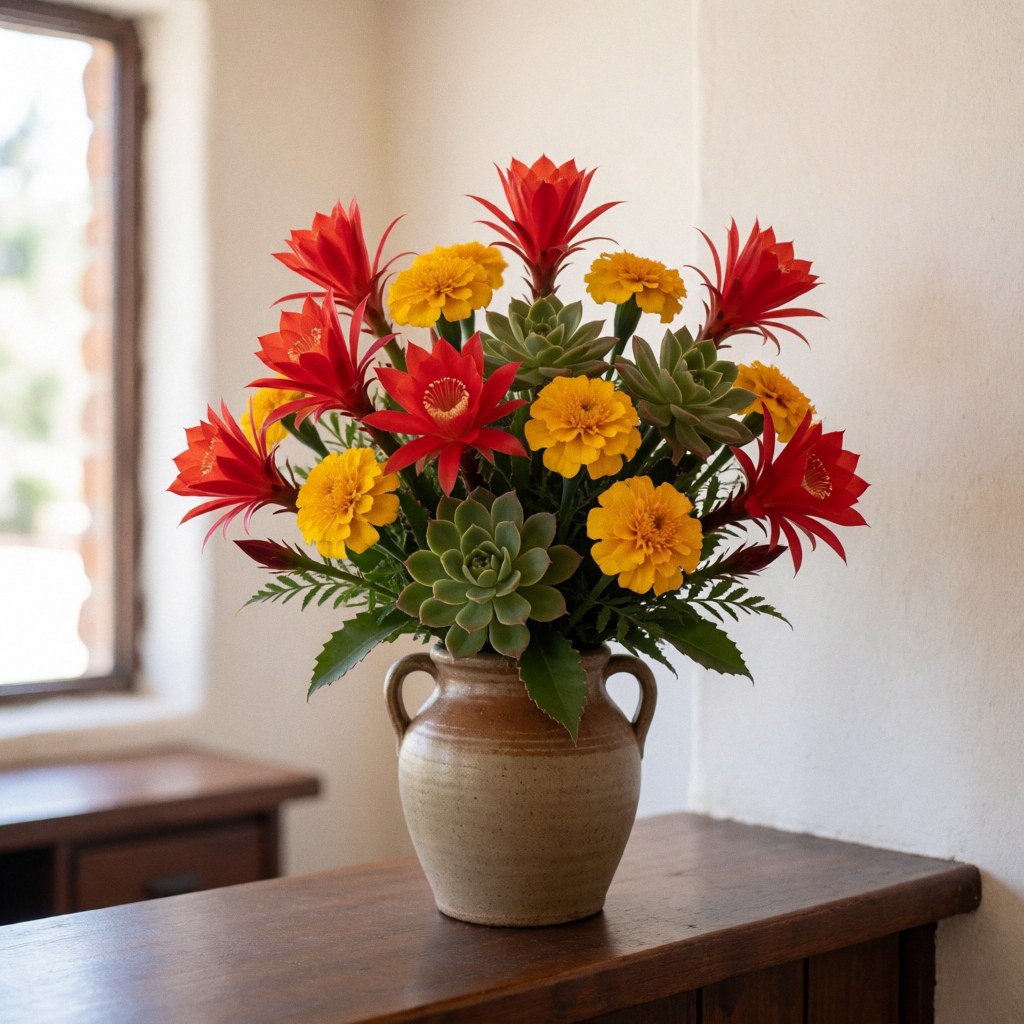 Bouquet de fleurs andines avec cactus rouges, souci jaune et succulentes vertes sur une table en bois baignée de lumière naturelle.
