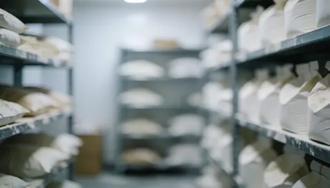 Fond d'entrepôt de boulangerie avec des étagères métalliques et des sacs de farine au premier plan flou, éclairage froid et propre, idéal pour ajouter du texte.