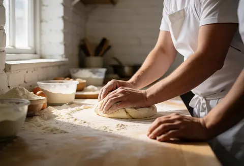 Des mains de boulanger pétrissent la pâte sur une table en bois saupoudrée de farine, près d'une fenêtre avec lumière naturelle dans une cuisine aux murs de briques blanches.