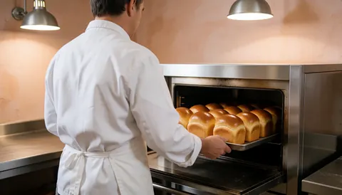 Un boulanger professionnel place une plaque de pains dorés dans un four industriel. Cuisine propre avec murs en terre cuite claire et éclairage métallique.