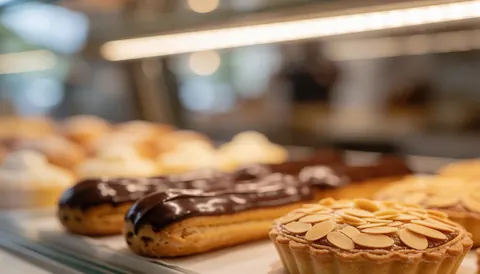 Vitrine de pâtisserie éclairant des éclairs au chocolat et un gâteau aux amandes avec une lumière chaleureuse et un fond flou idéal pour ajouter du texte.
