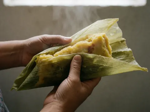 Détails d'une humita péruvienne fraîche, avec vapeur, mains ouvrant la feuille de maïs, fond neutre et lumière naturelle.