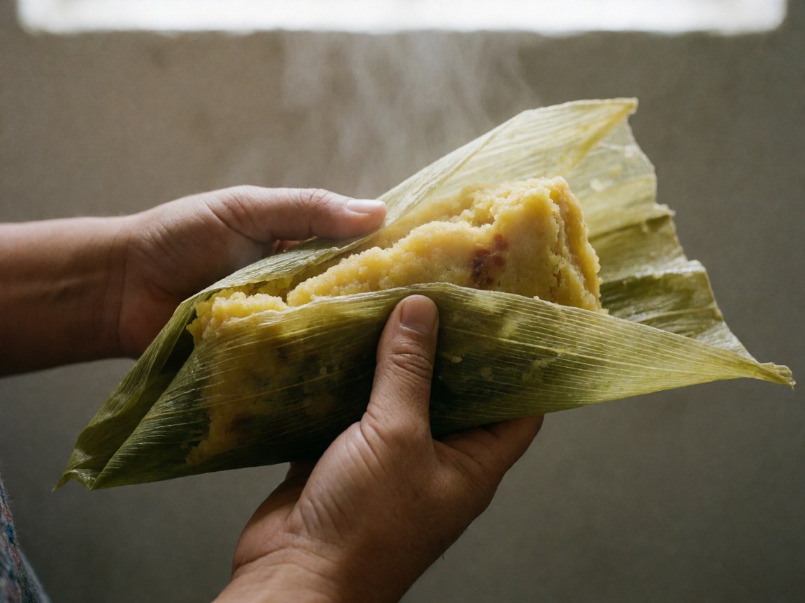Détails d'une humita péruvienne fraîche, avec vapeur, mains ouvrant la feuille de maïs, fond neutre et lumière naturelle.