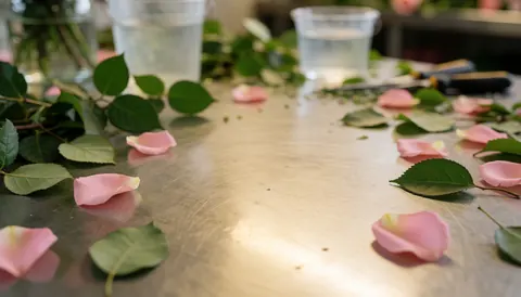 Surface de travail en acier inoxydable ornée de feuilles vertes et de pétales roses, avec des seaux d'eau et des outils en arrière-plan flou.