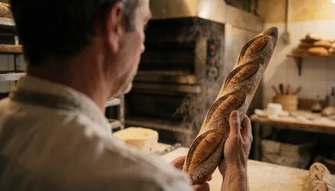 Un boulanger tient une baguette fraîche sortant du four, avec de la vapeur visible dans un environnement de cuisine professionnelle.