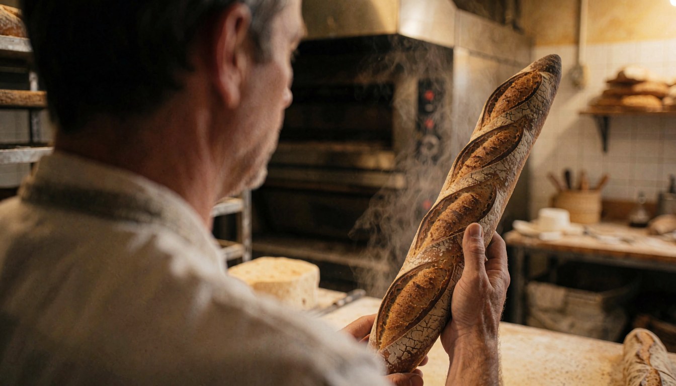 Un boulanger tient une baguette fraîche sortant du four, avec de la vapeur visible dans un environnement de cuisine professionnelle.