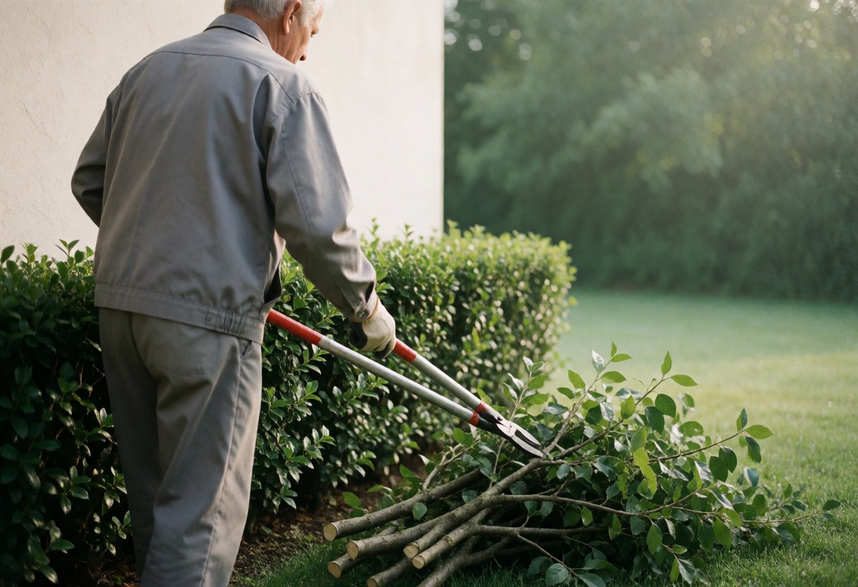 Un jardinier en uniforme gris et gants de cuir coupe un buisson vert dans un jardin ensoleillé.