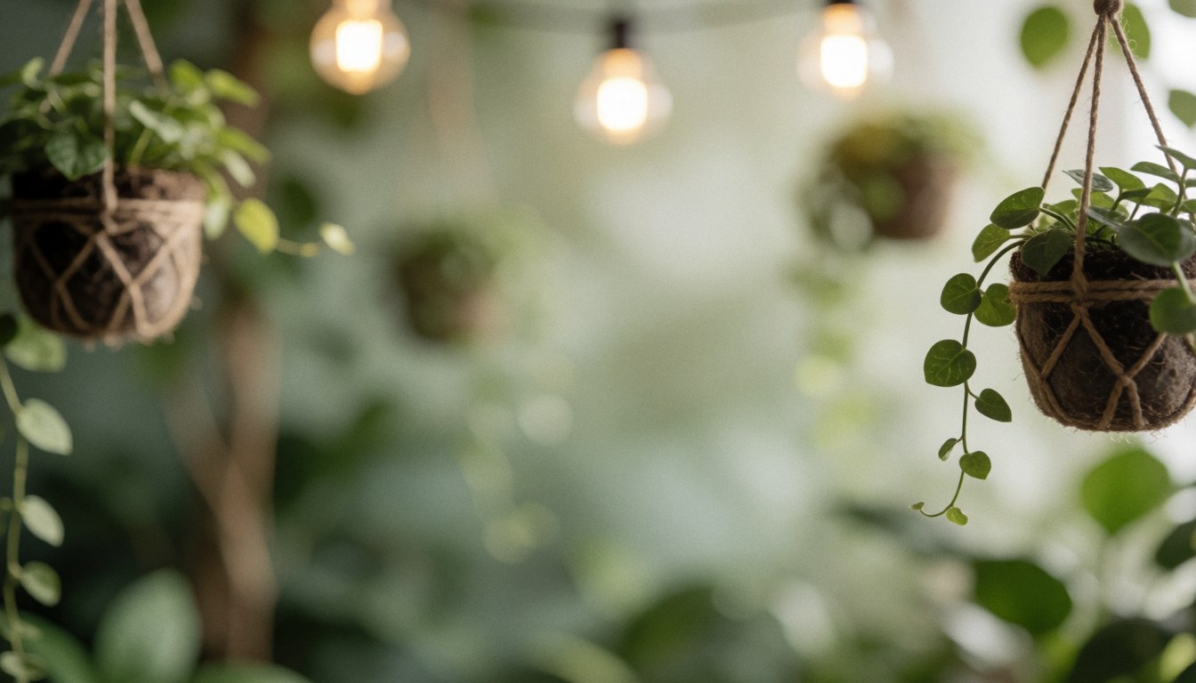 Fond de jardin avec plantes en pots suspendus, lumières d'ambiance chaleureuses et feuillage vert doux, idéal pour ajouter du texte.
