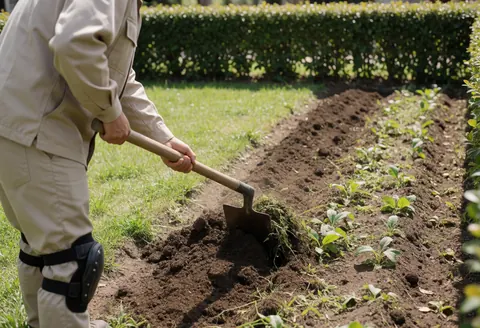Un jardinier professionnel utilise une bêche pour aplanir le sol d'un potager, avec de la terre fraîchement remuée et des arbustes verts en arrière-plan.