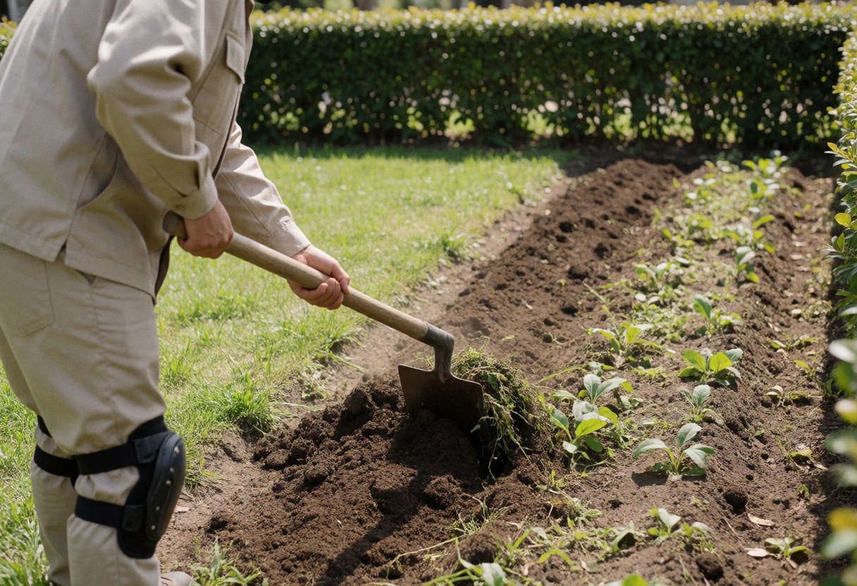 Un jardinier professionnel utilise une bêche pour aplanir le sol d'un potager, avec de la terre fraîchement remuée et des arbustes verts en arrière-plan.