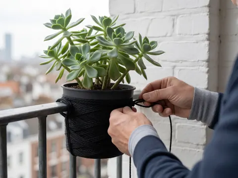 Une main attachée à un pot noir par une corde tressée noire, posé sur une rambarde de balcon en métal. Plante succulente visible. Arrière-plan urbain flou et lumière naturelle.