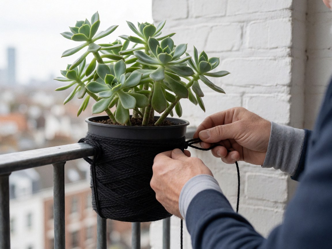 Une main attachée à un pot noir par une corde tressée noire, posé sur une rambarde de balcon en métal. Plante succulente visible. Arrière-plan urbain flou et lumière naturelle.
