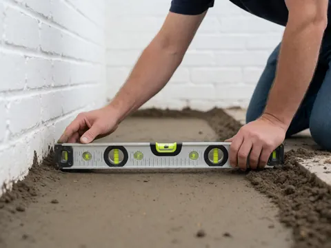 Un niveauur professionnel posé sur un sol de terre nouvellement aplani, à proximité d'un mur de briques blanches, pour des travaux de jardinage ou de construction.
