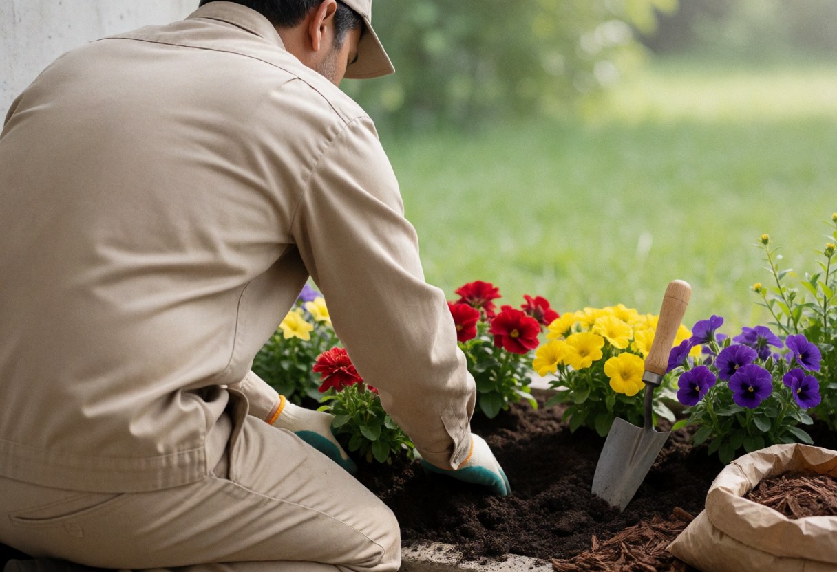 Un jardinier professionnel plante des fleurs rouges, jaunes et violettes dans un lit de terre avec outils et paillis à proximité sous la lumière du matin.
