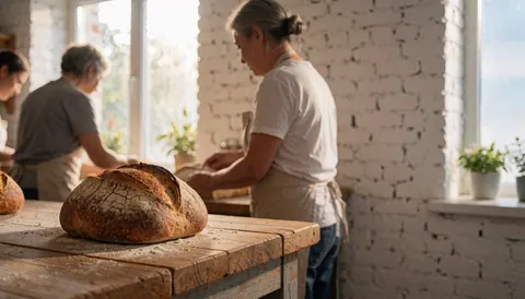 Intérieur d'une boulangerie avec trois personnes au comptoir en bois, pain frais à l'avant-plan, murs de briques blanches et lumière naturelle.