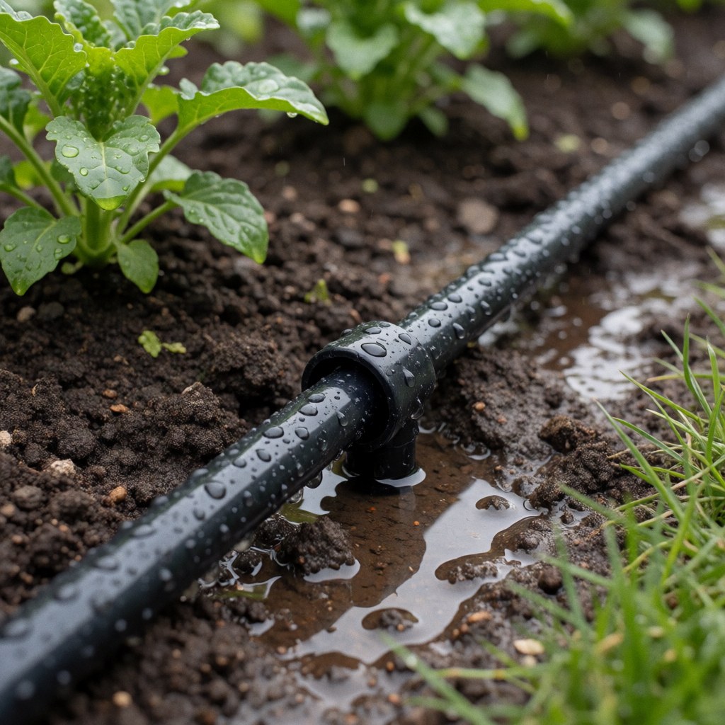 Tuyau noir d'irrigation posé sur un sol humide, entouré de plantes vertes sous une lumière diffuse.
