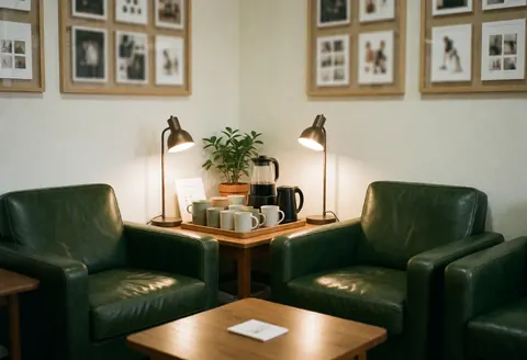 Salle d'attente avec deux chaises en cuir vert, une table en bois, du café et des plantes. Ambiance chaleureuse et accueillante pour les clients.