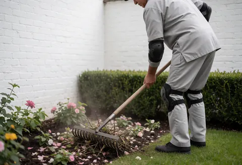 Un jardinier professionnel utilise un grattoir en acier pour nettoyer les branches et les pétales d'une plante en pot, devant un mur blanc et une haie verte sous une lumière diffuse.