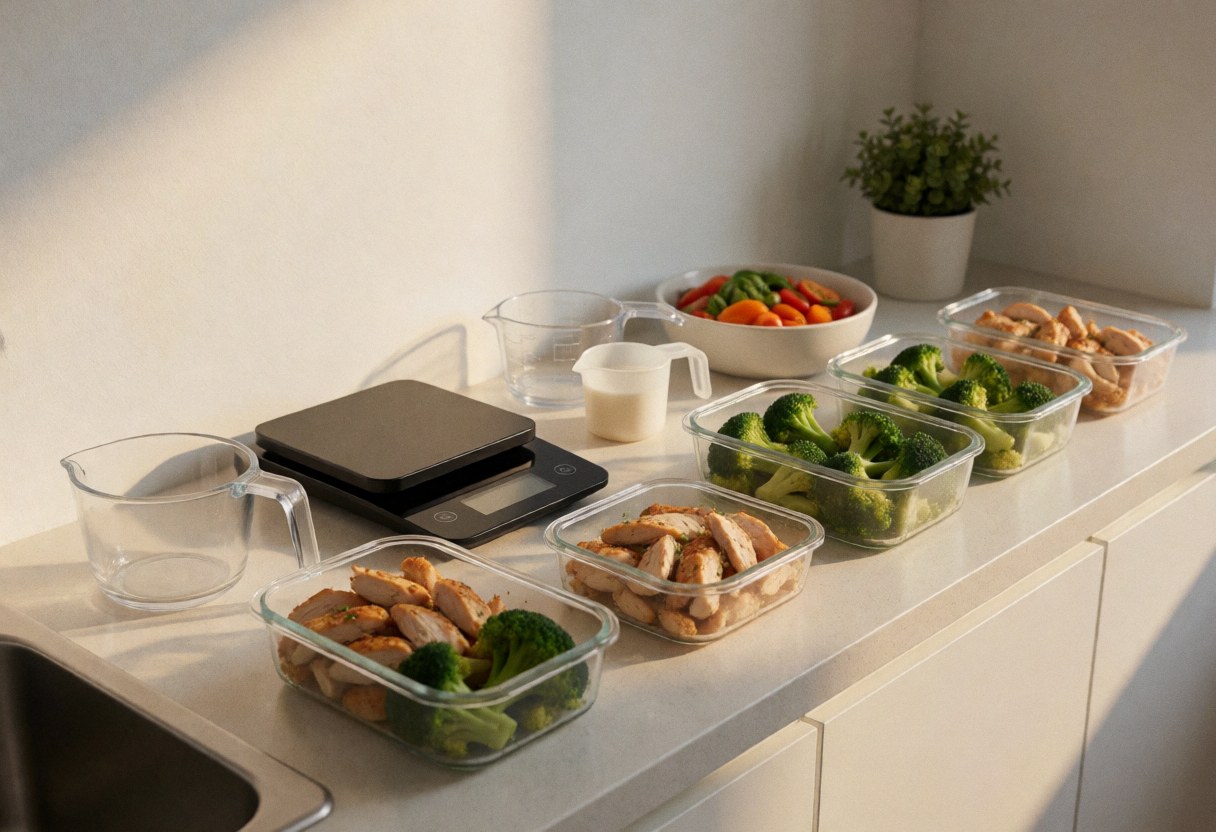 Des conteneurs de repas préparés, une balance numérique, des légumes frais et du poulet dans une cuisine blanche baignée de lumière naturelle.