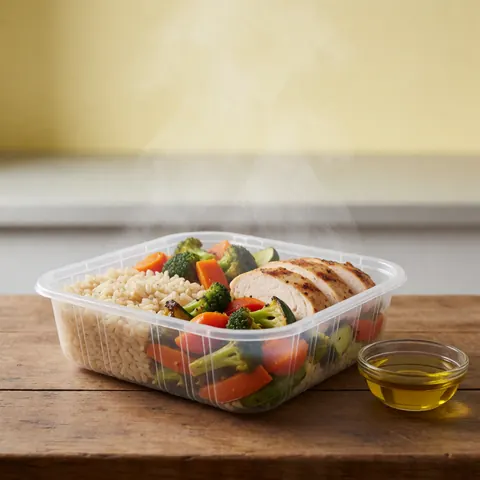 Repas chaud sain composé de riz, de poulet et de légumes dans un récipient en plastique sur une table en bois rustique avec huile d'olive.
