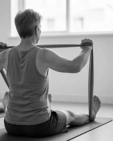 Un homme adulte effectue des étirements avec une bande de résistance sur un tapis de yoga, vu de dos, baigné par la lumière naturelle d'une fenêtre dans un environnement calme et motivant.