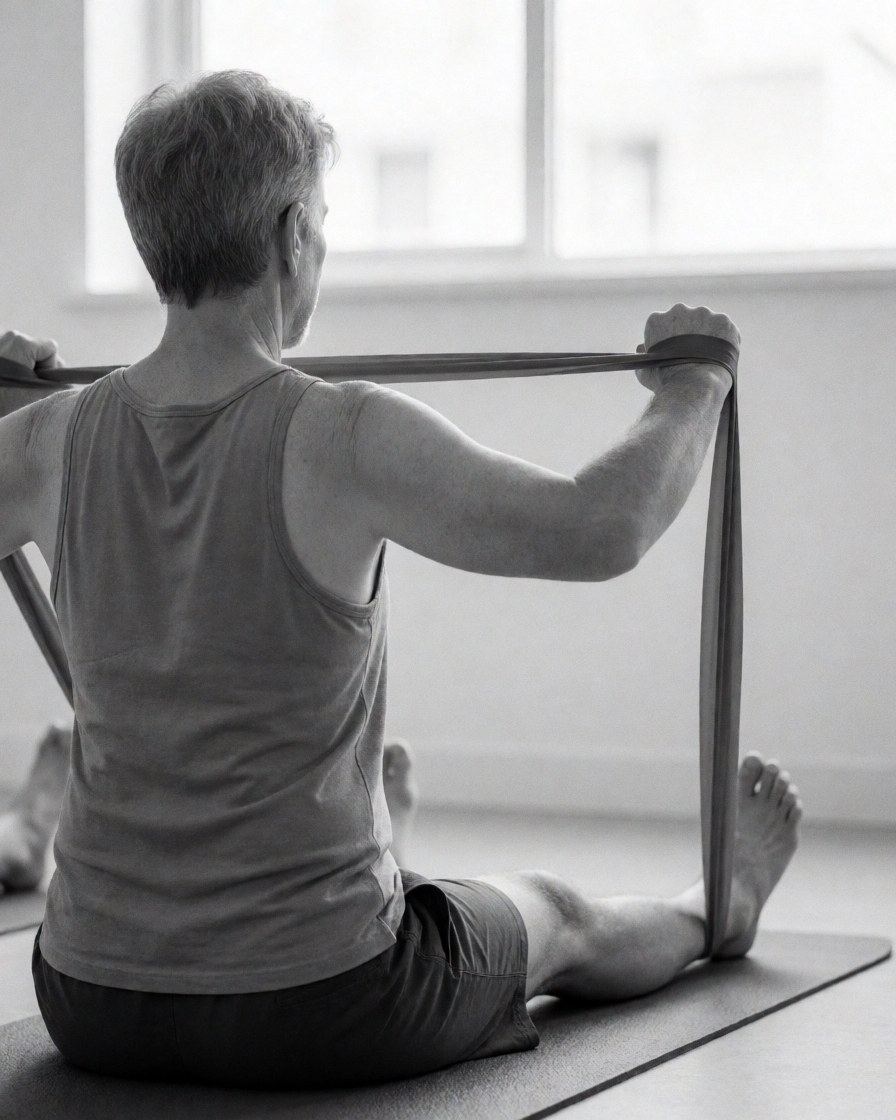 Un homme adulte effectue des étirements avec une bande de résistance sur un tapis de yoga, vu de dos, baigné par la lumière naturelle d'une fenêtre dans un environnement calme et motivant.