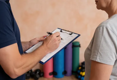 Un coach examine des notes avec un client dans une salle de sport équipée de tapis et de haltères en arrière-plan.