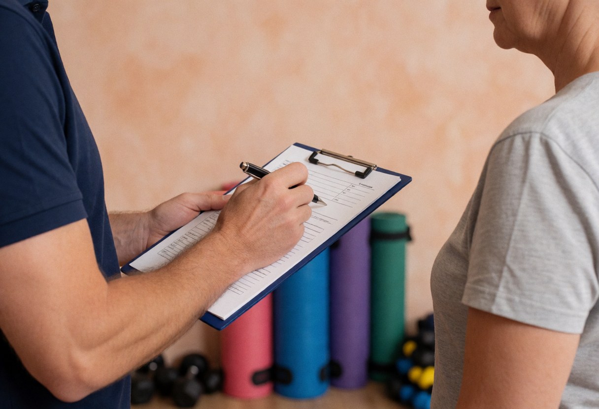 Un coach examine des notes avec un client dans une salle de sport équipée de tapis et de haltères en arrière-plan.