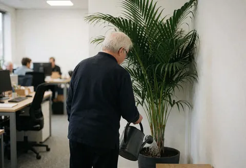 Un homme arrose une plante dans un coin de bureau avec des bureaux flous en arrière-plan, créant une ambiance professionnelle et soignée.