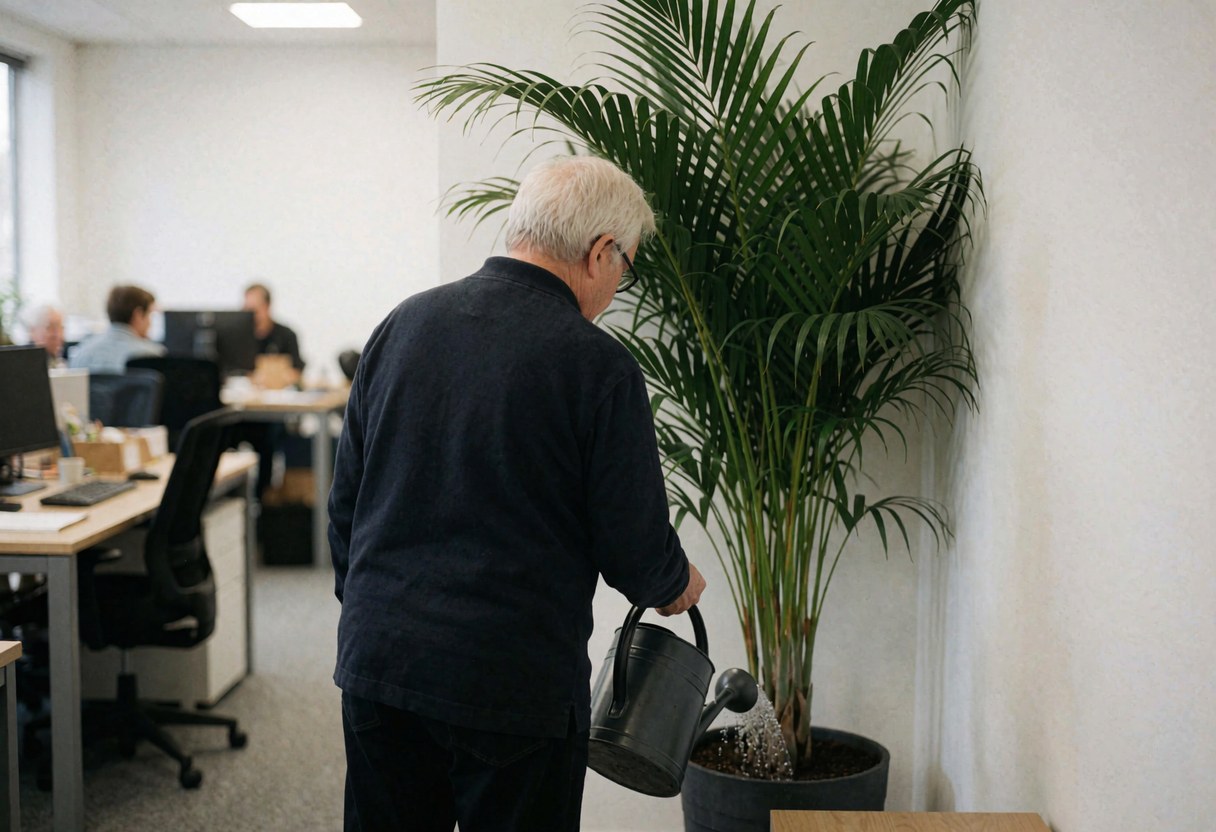 Un homme arrose une plante dans un coin de bureau avec des bureaux flous en arrière-plan, créant une ambiance professionnelle et soignée.