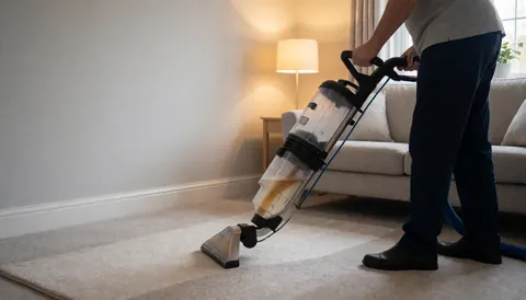 Un professionnel utilise une machine pour extraire l'eau sale d'une moquette dans un salon lumineux avec un canapé en arrière-plan et un mur gris clair.