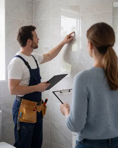 Carreleur tenant outils et portfolio, détaillant l'installation de carrelage à une cliente dans un salon moderne.