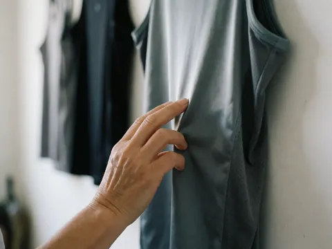 Une main adulte étire le tissu d'un vêtement suspendu pour montrer l'élasticité et la texture, sur un fond flou avec d'autres tenues.