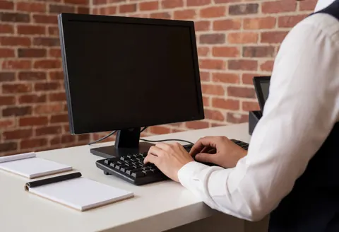 Vue arrière d'une personne assise à un bureau blanc, utilisant un ordinateur, avec des carnets et un stylo, devant un mur de briques rouges sous un éclairage chaleureux.
