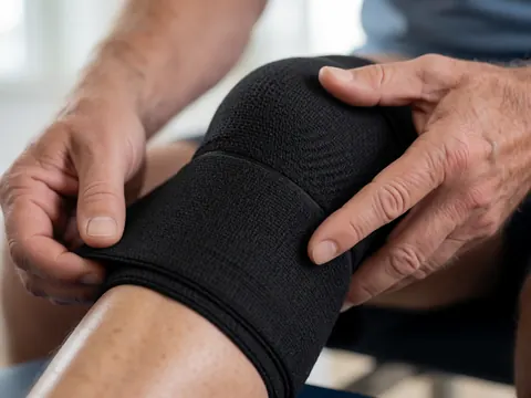 Gros plan montrant des mains adultes serrant fermement une genouillère noire, mettant en évidence la texture et la tension pour le sport ou la récupération.