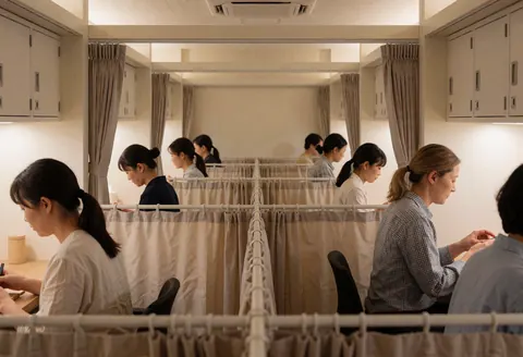 Des femmes travaillent dans des espaces individuels séparés par des rideaux au sein d'un hostel, entourées d'armoires et baignées d'une lumière chaude créant une ambiance sécurisée et privée.