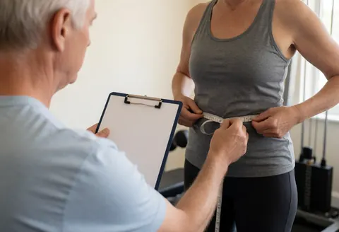Un coach de crossfit mesure la taille d'une cliente avec un mètre ruban dans un gymnase professionnel éclairé par la lumière naturelle.