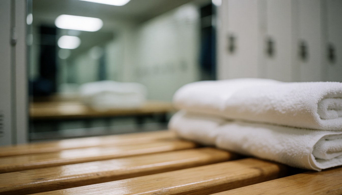 Des serviettes blanches pliées reposent sur un banc en bois dans un vestiaire de salle de sport, avec miroirs et casiers flous en arrière-plan.