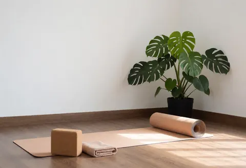 Un studio de yoga lumineux avec une plante, un tapis, un bloc en liège et une serviette sur un sol en bois.